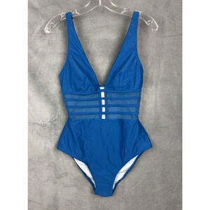 Cupshe Tummy Control One Piece Swimsuit Womens Medium Blue Mesh Waist Plunge